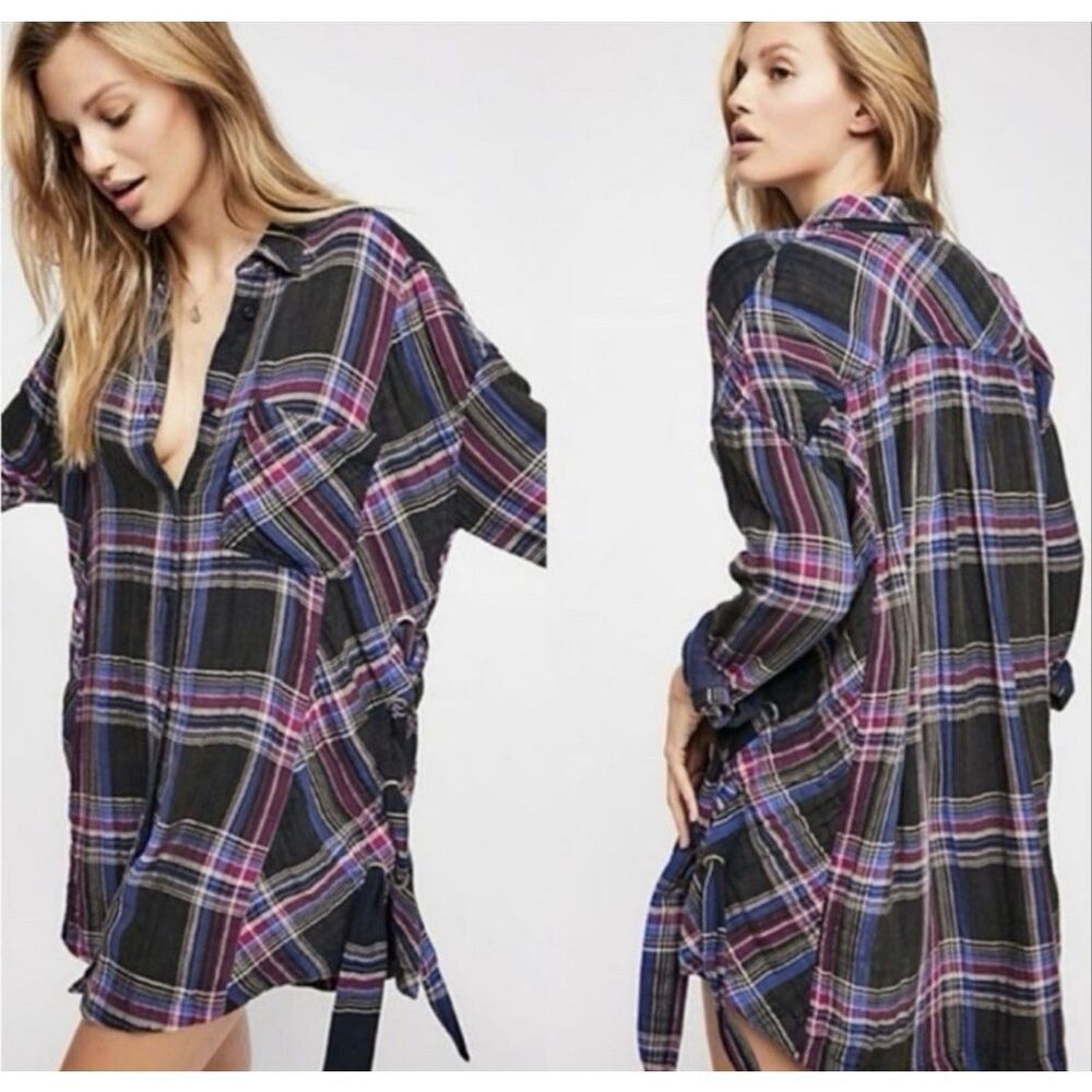Women's Free People Nordic Day Side Lace Up Flannel Top Shirt Tunic Size Small
